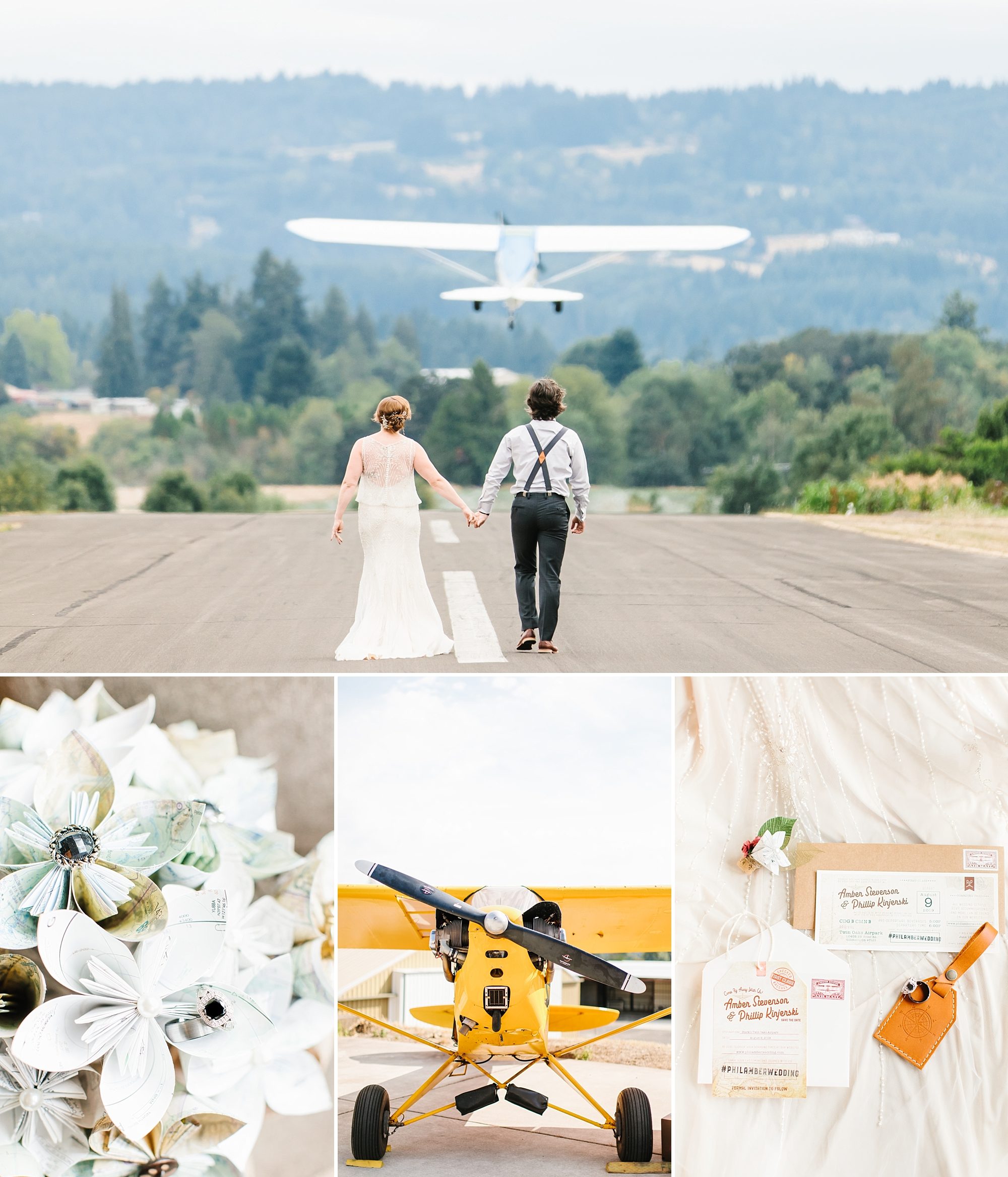 Beautiful Oregon wedding in an airplane hangar focused on a classic, timeless feel with accents of travel and aviation. Wedding Photographer Rachel Lindsey