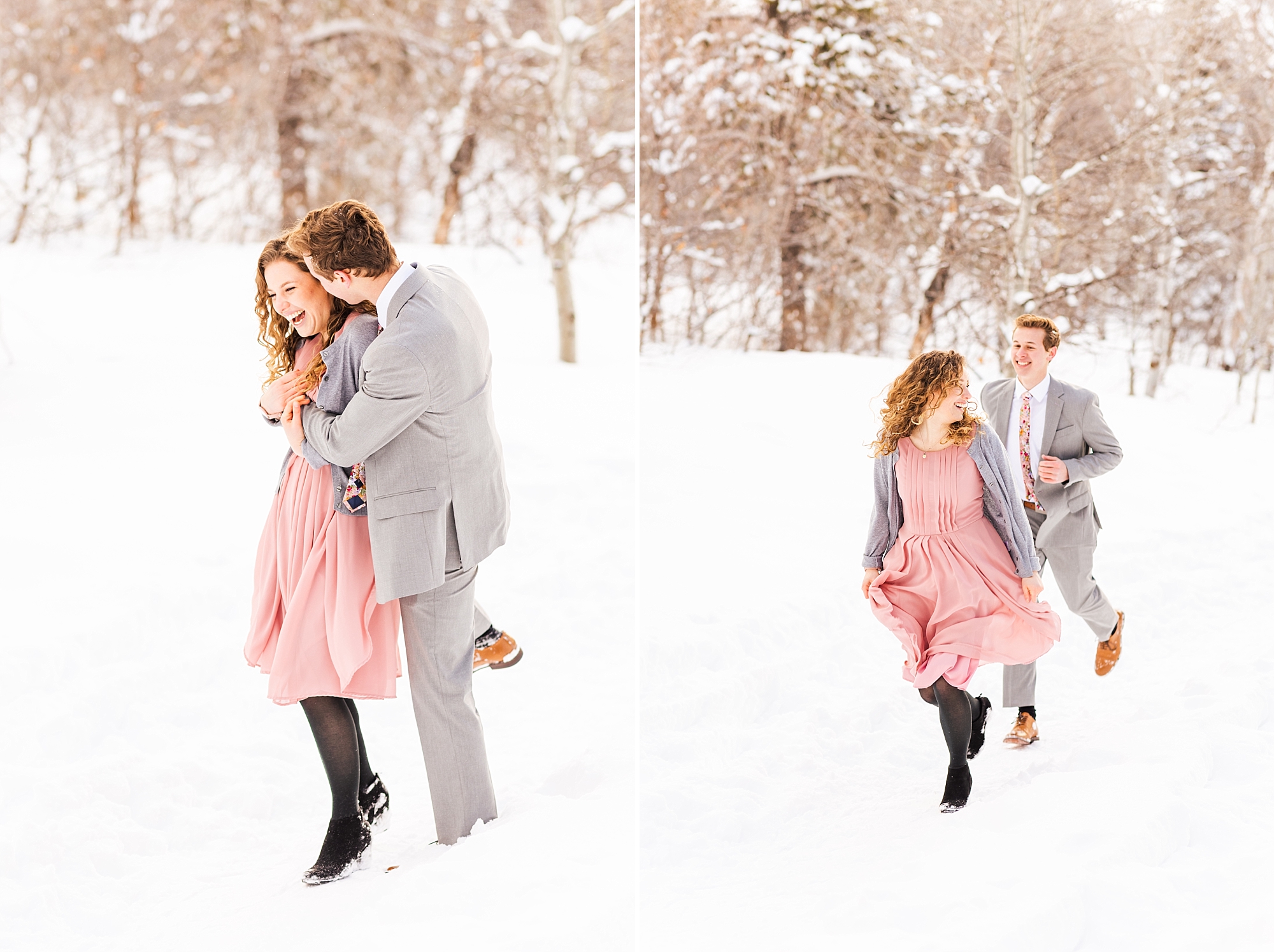 Playing in the snow for your engagement session in Utah