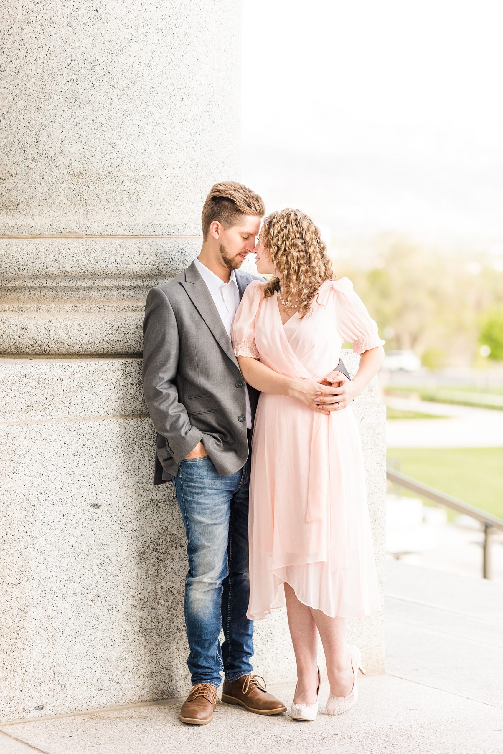 Elegant and romantic spring engagement session at the Utah State Capitol