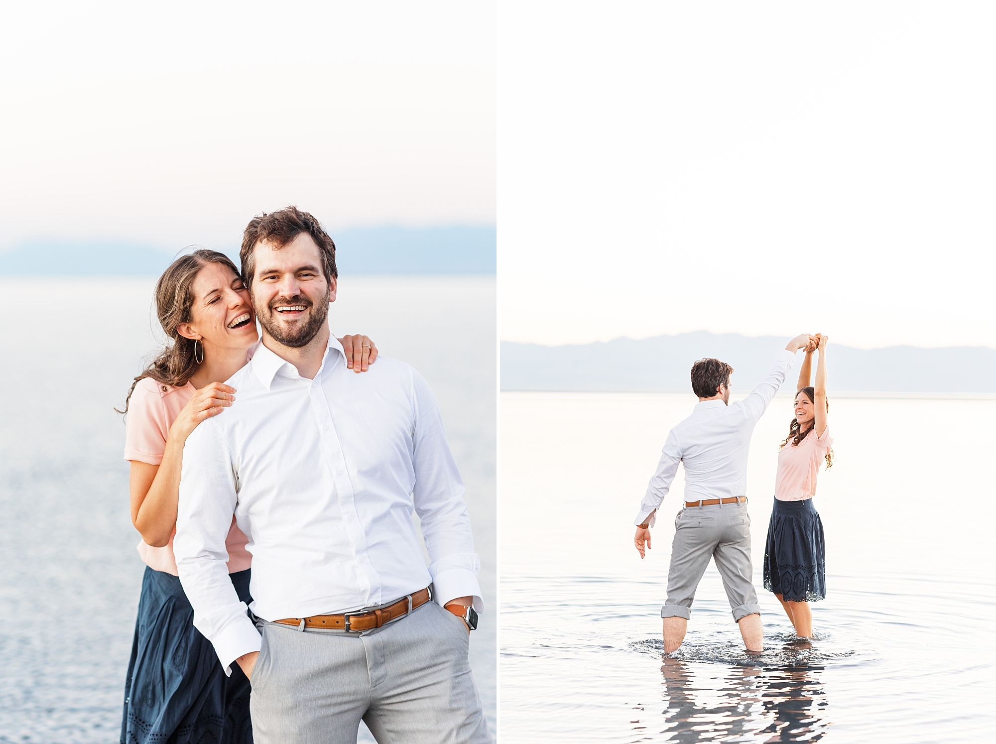 Summer Sunset with beautiful cotton candy skies at the Great Saltair Engagement Session