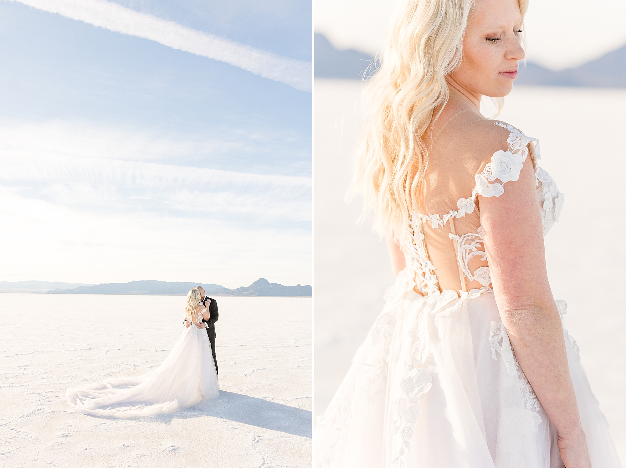 Intimate moment between bride and groom at the Bonneville Salt Flats