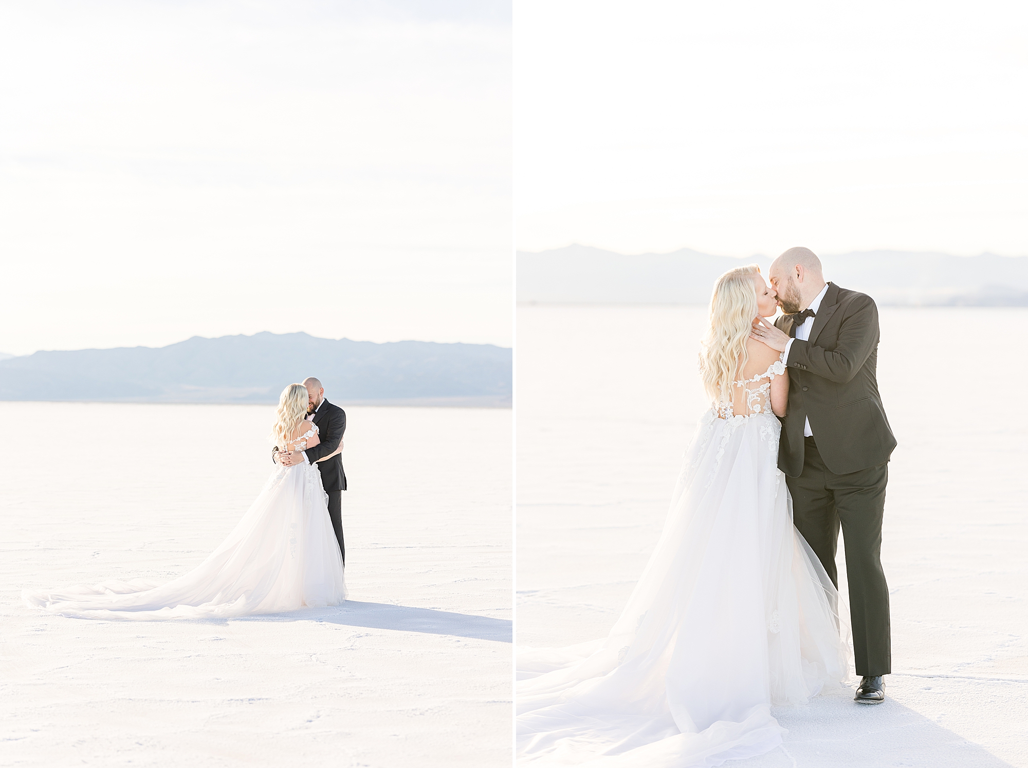 Wedding couple with the natural beauty of the Bonneville Salt Flats in the background