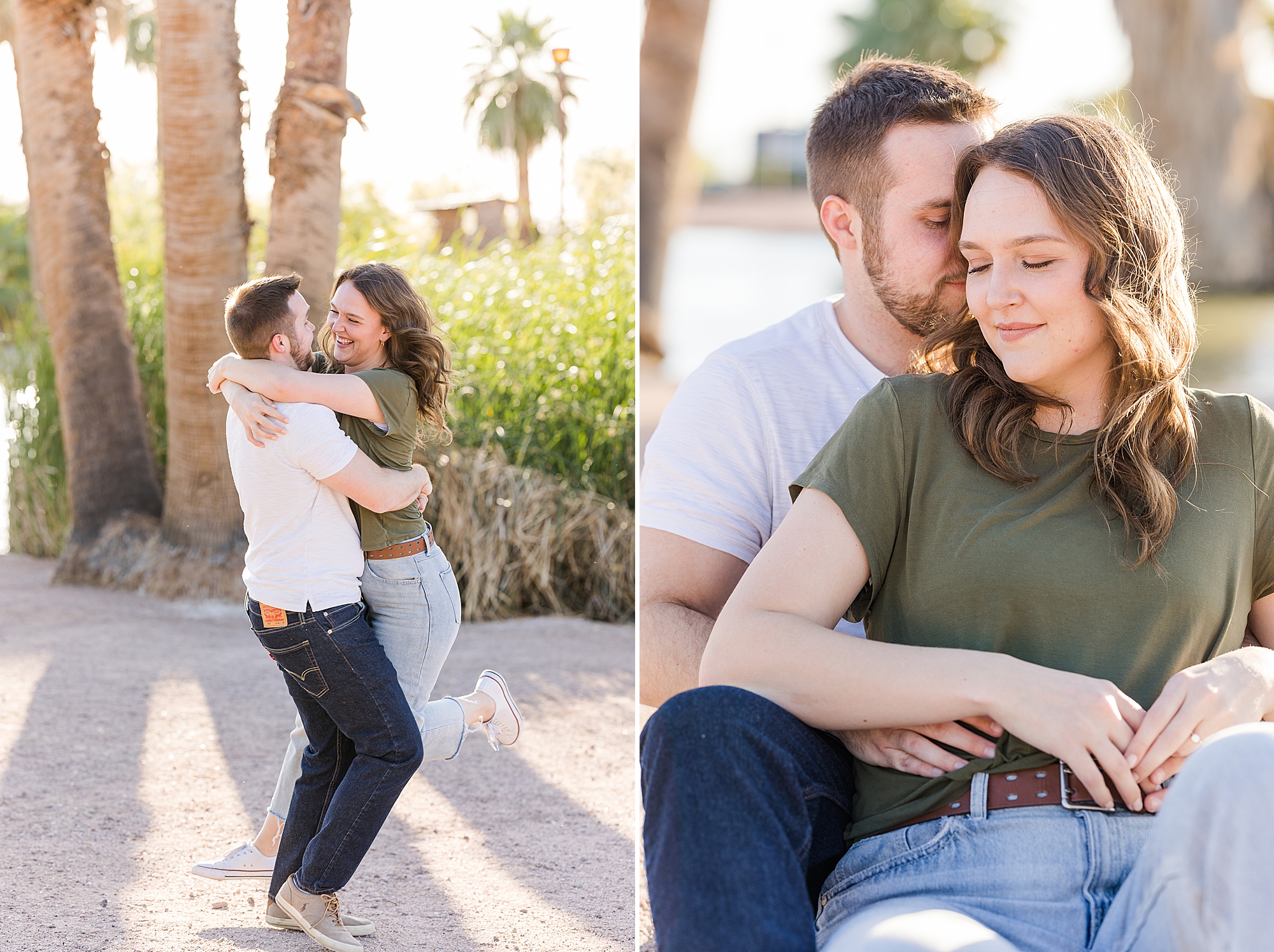 A romantic moment captured during an engagement session at Papago Park
