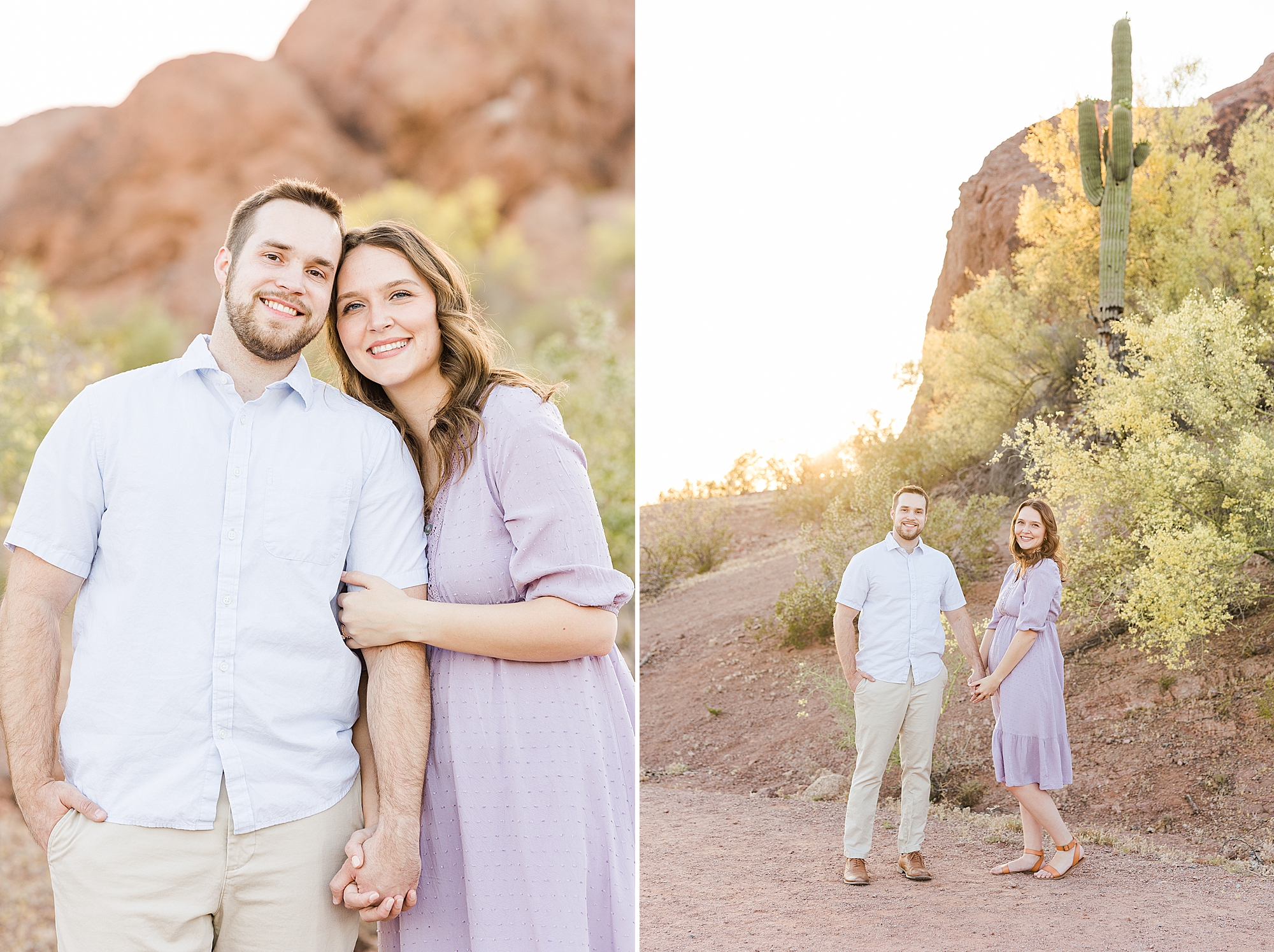 A natural setting with mountains in the background during their engagement session at Papago Park
