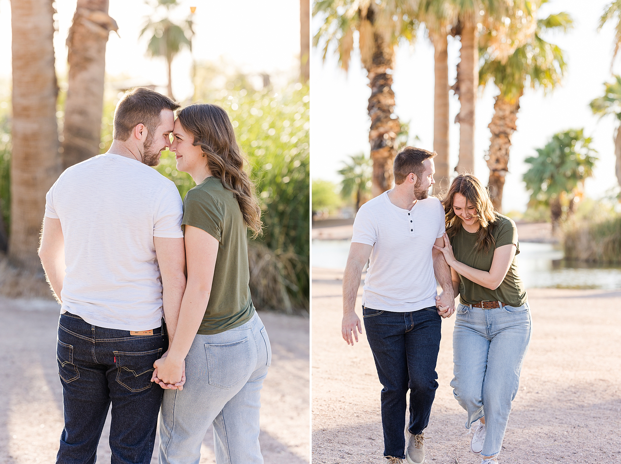 A loving moment of the couple gazing into each other's eyes at Papago Park during their engagement session
