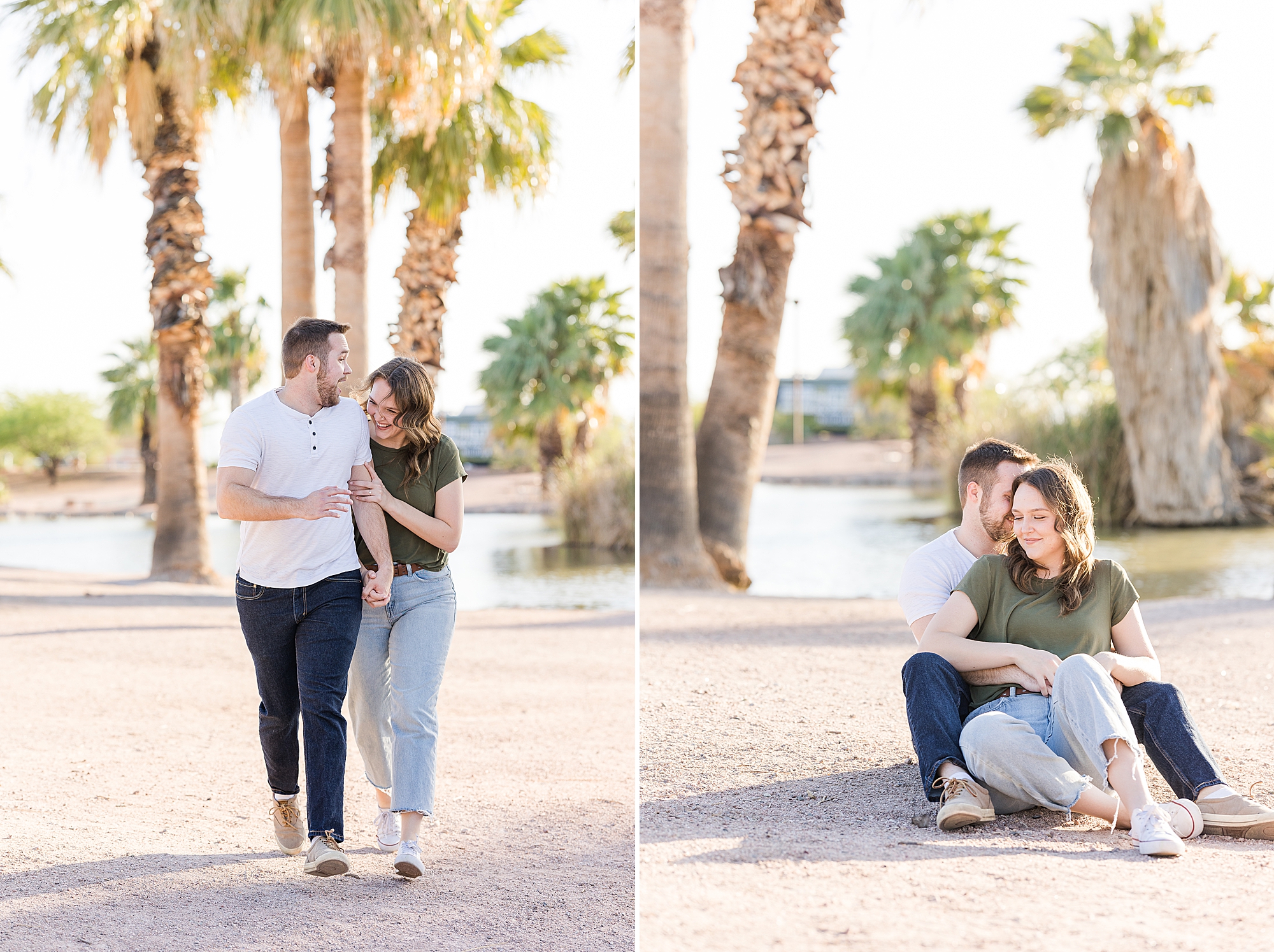 A playful moment of the couple running around during their engagement session at Papago Park

