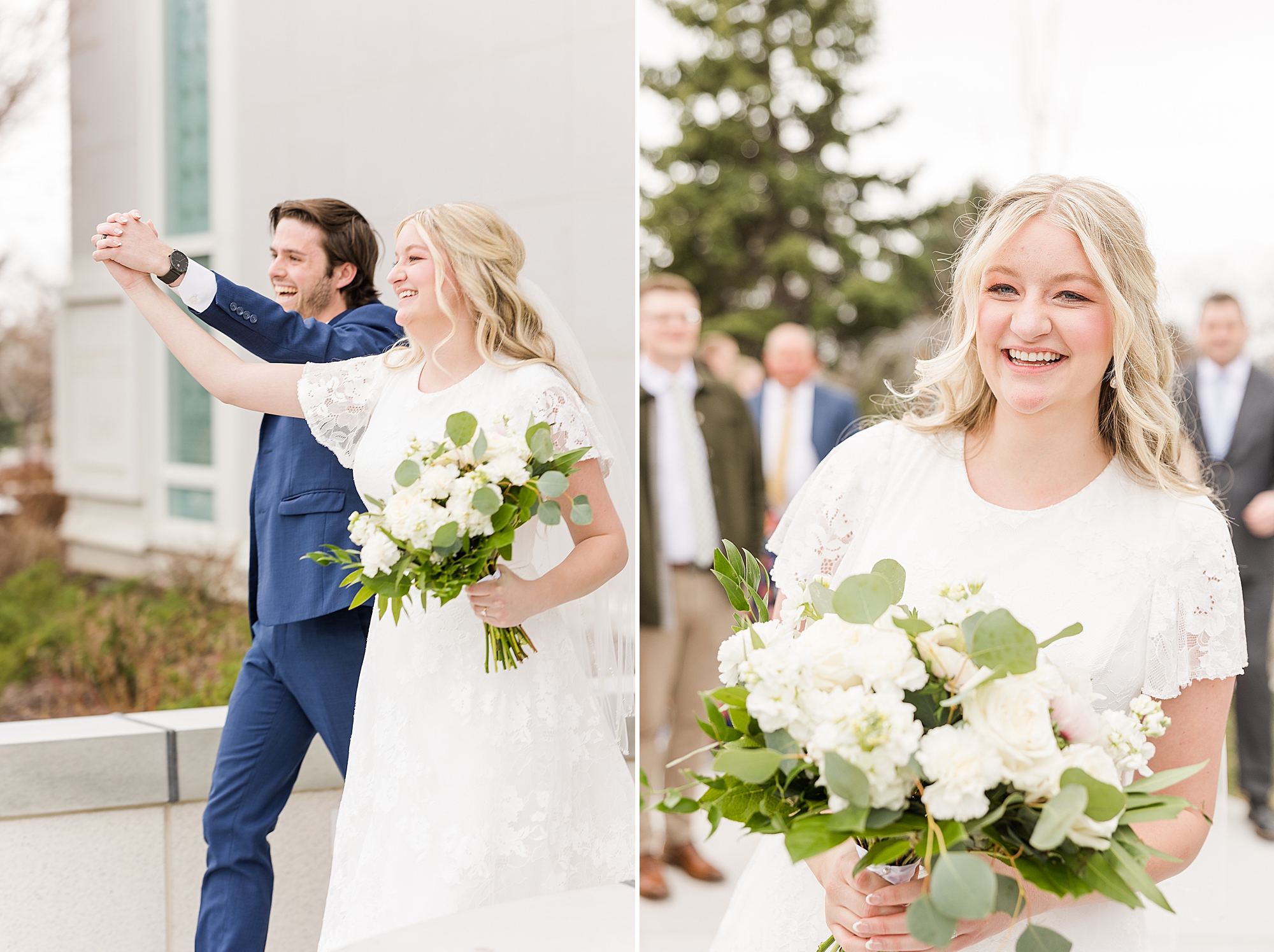 Bride and groom walking hand in hand out of the Timpanogos Temple