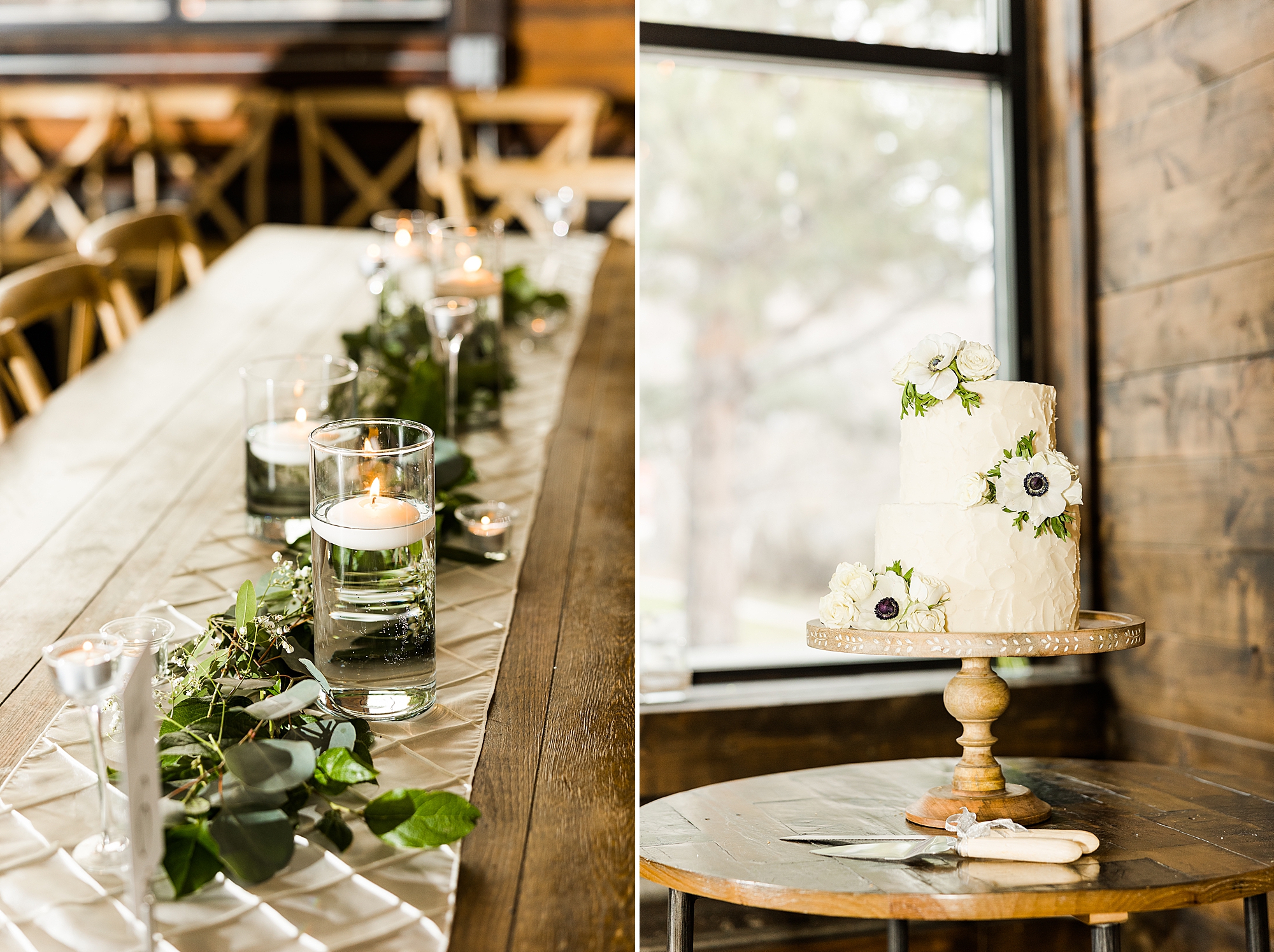 Reception table set with white linens, greenery centerpieces, and gold accents
