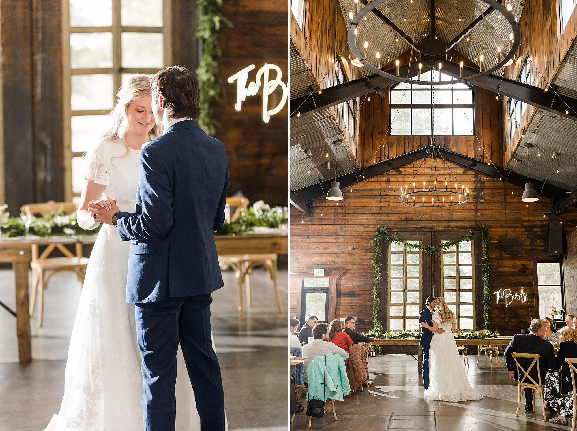 Bride and groom's first dance in front of a twinkling backdrop
