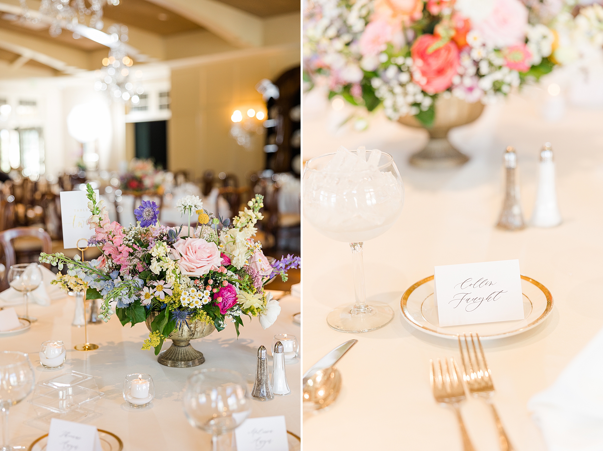 A stunning pastel floral centerpiece adorns a reception table, adding a pop of color and elegance.
