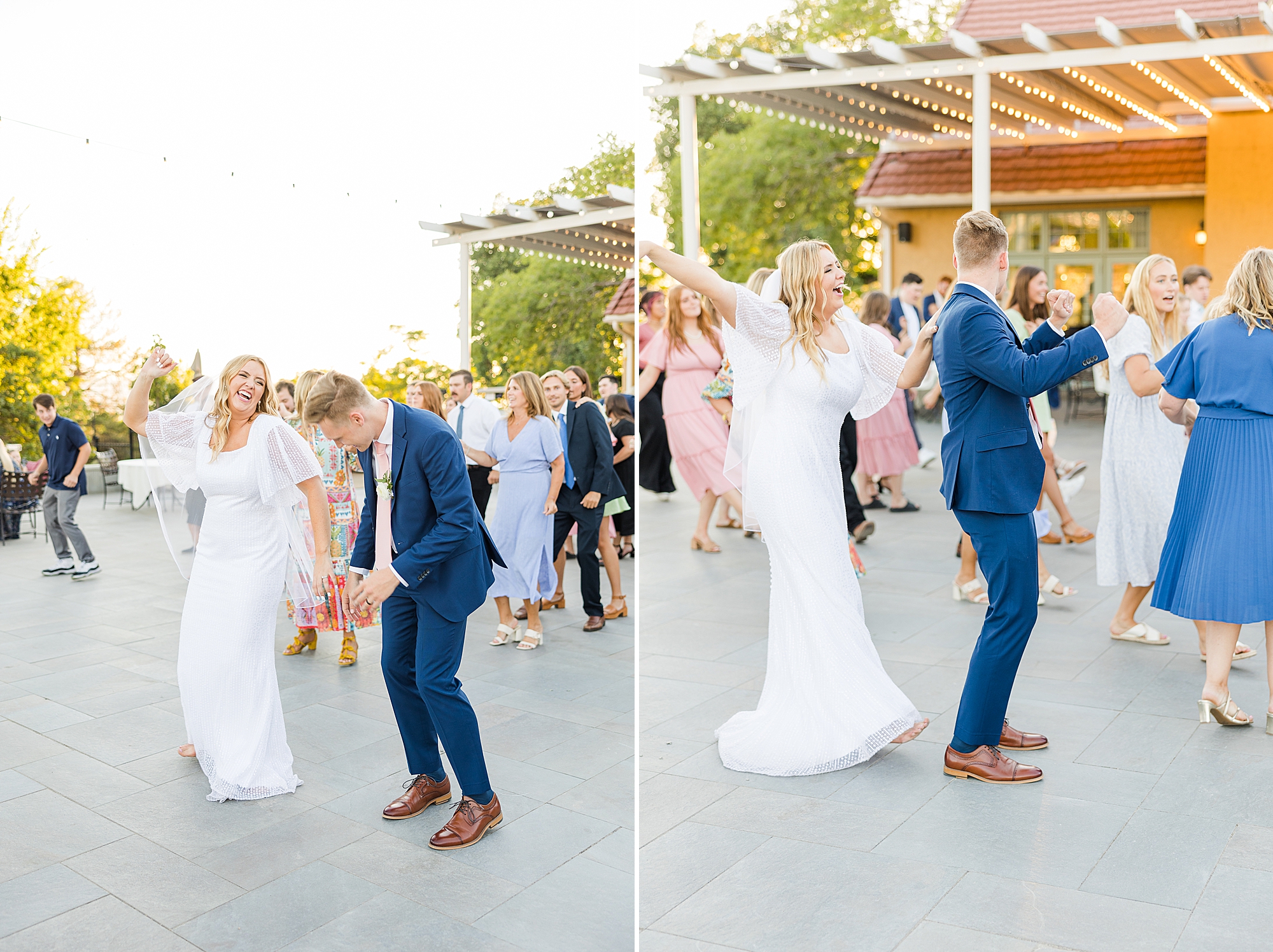 The couple's laughter fills the air as they dance with friends and family during the reception.
