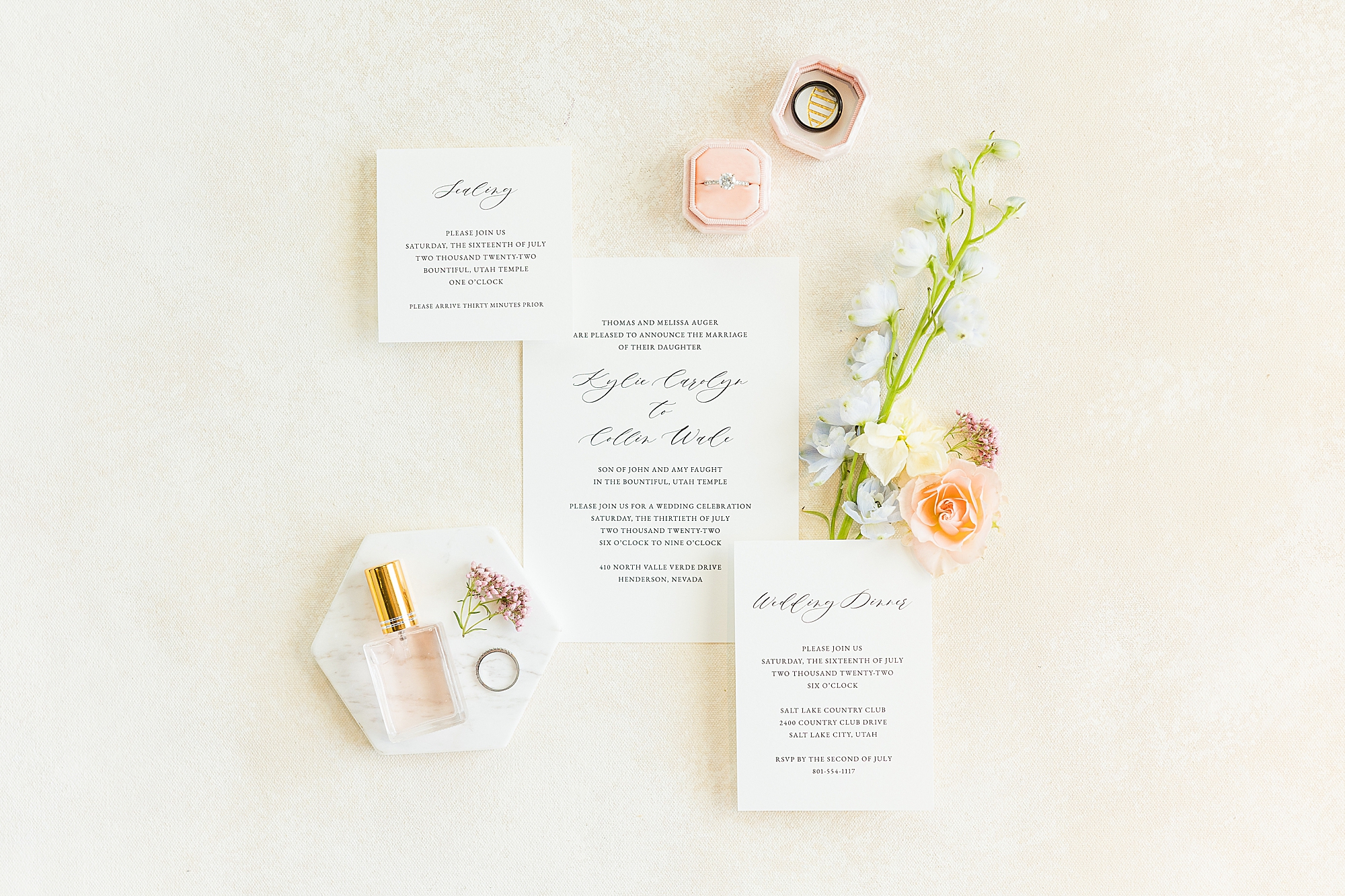 A stunning shot of the couple's wedding invitation suite, reflecting the elegant theme of the celebration.
