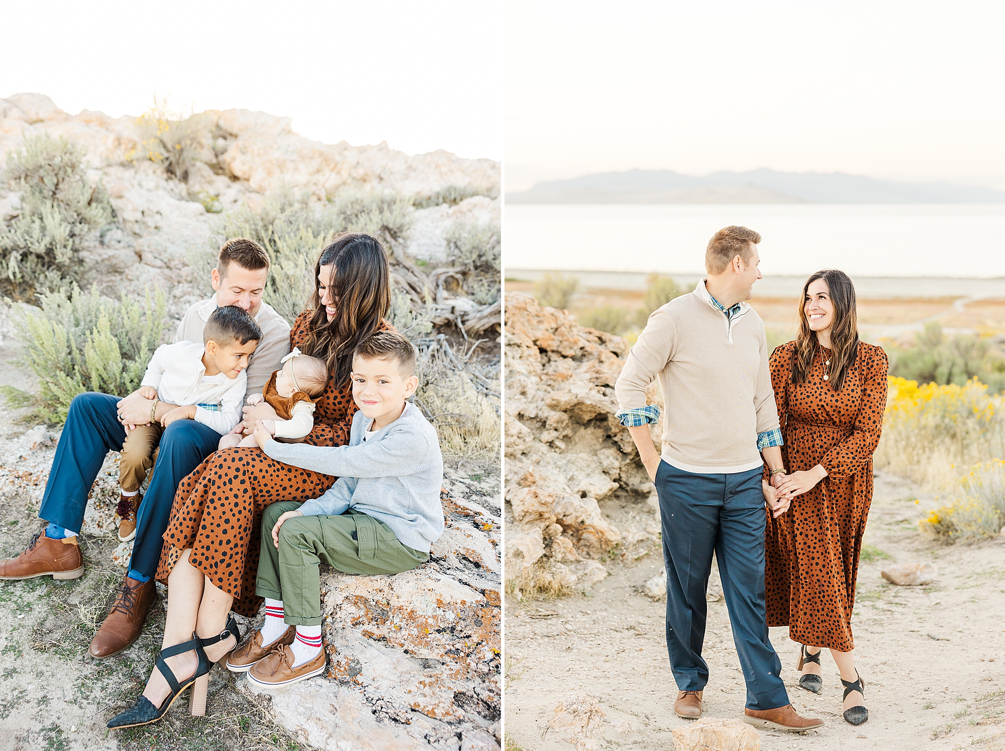 A loving family huddled around their baby girl during the golden hour on Antelope Island.