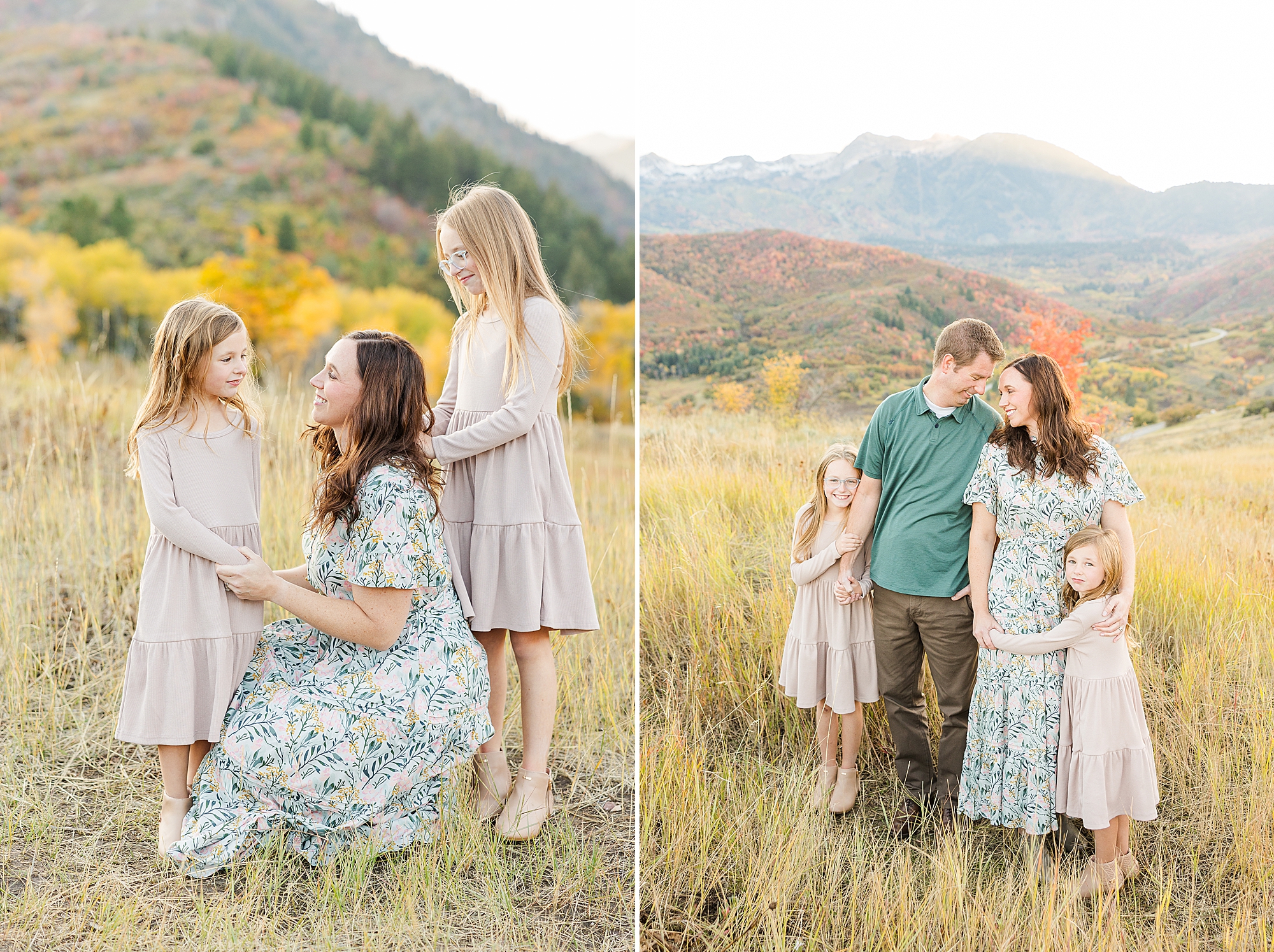 Warm family moment with vibrant Snow Basin valley backdrop.