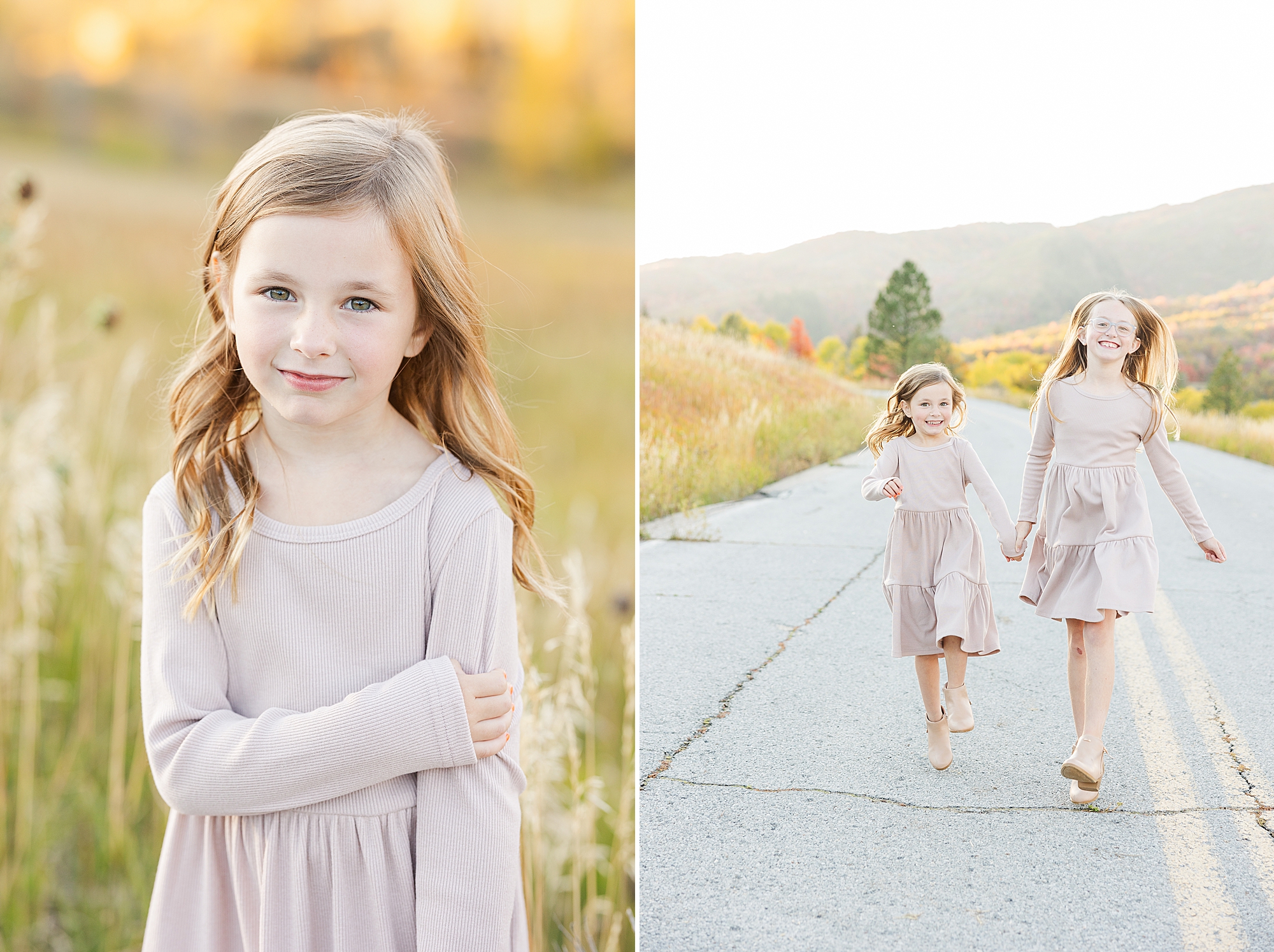 Little girls dancing among autumn leaves in Utah.