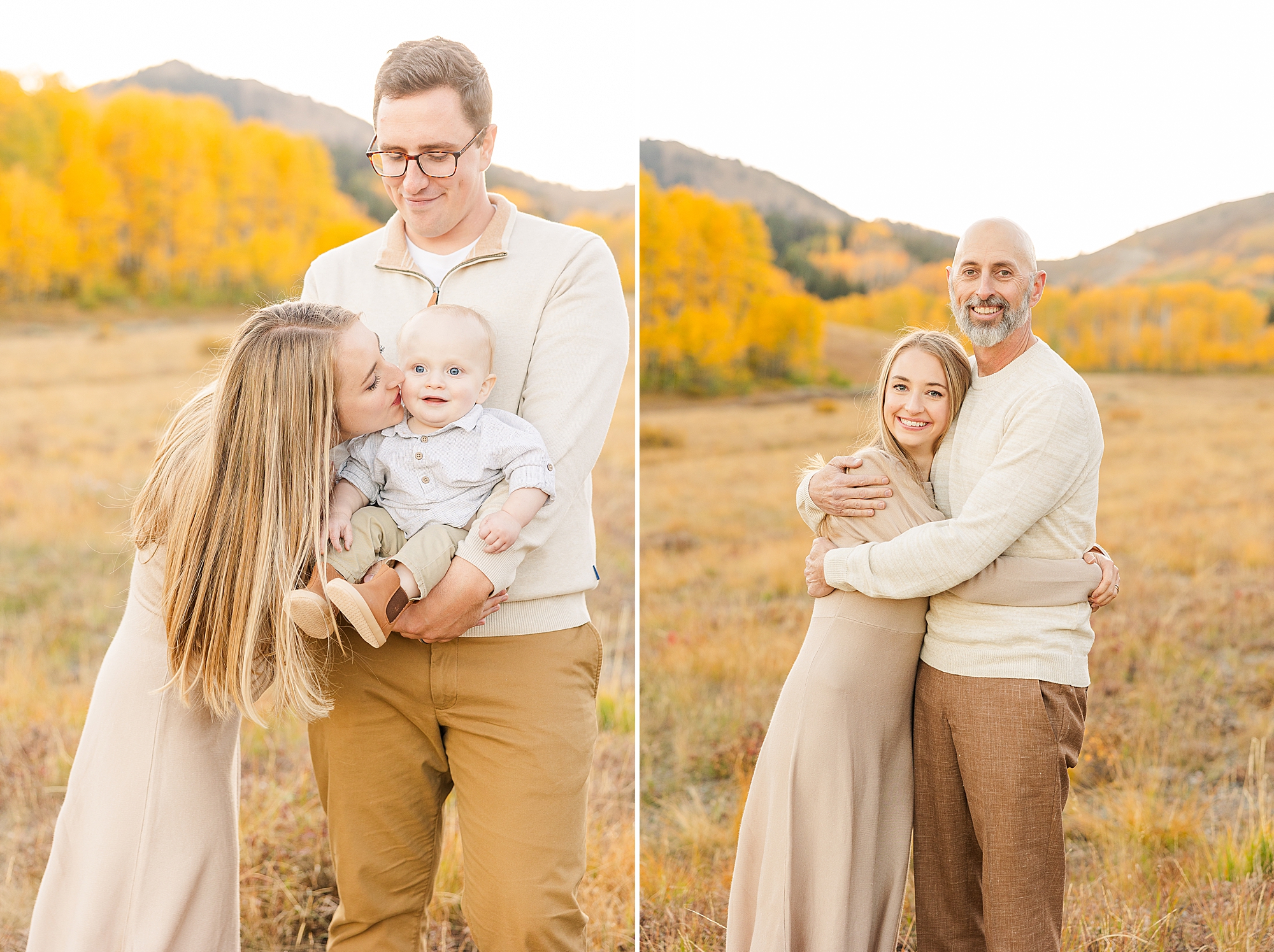 Radiant couple holding their baby in a golden field in Utah.
